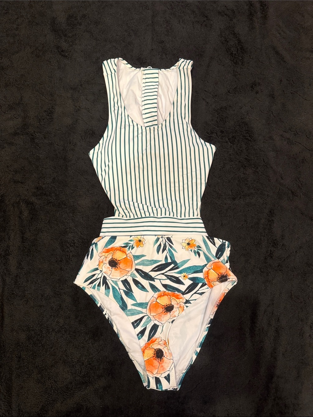 Cupshe White & Teal Striped One-Piece Swimsuit with Orange Floral Print